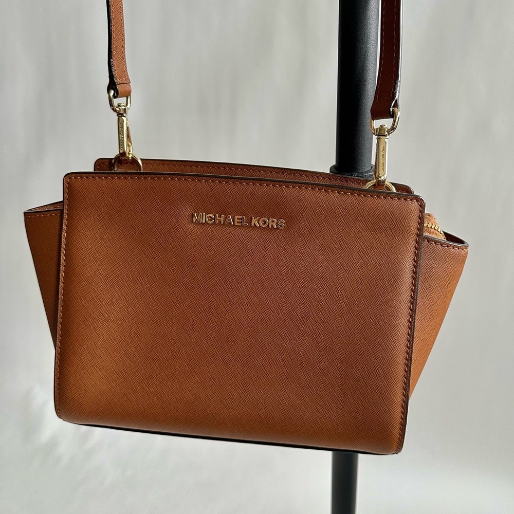 Michael Kors Selma Small Tan Saffiano Leather Crossbody Bag